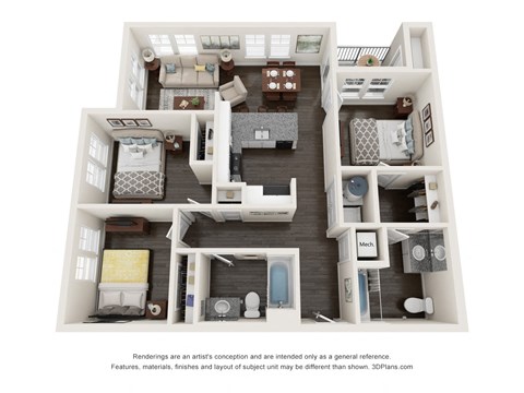 Floor plan for 3 beds, 2 baths, 1050 sqft